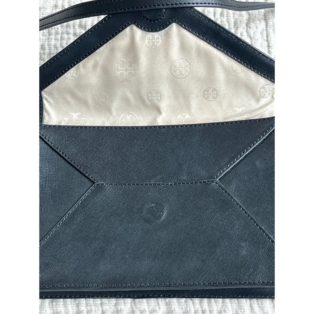 Tory Burch Black Saffiano Leather Envelope Clutch Gold Chain Purse Bag